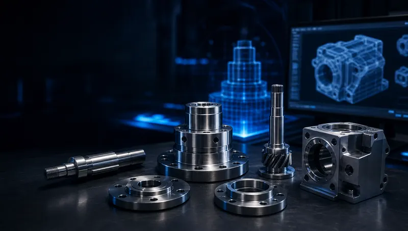 סט חלקים מכניים בעיבוד CNC: צירים, אוגנים ובית מכני